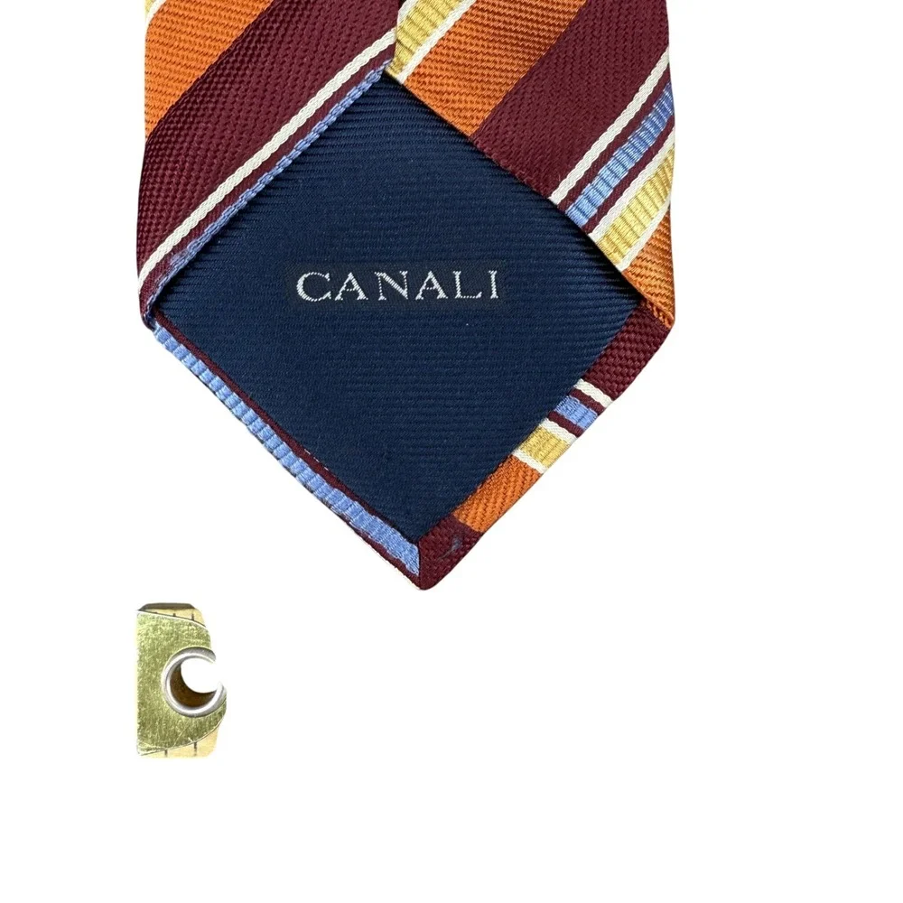 CANALI Silk Burgundy Orange Blue Stripe Luxury Men's Neck‎ Tie Italy